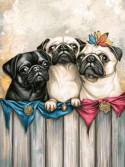 Pug Trio with Butterfly and Ribbons