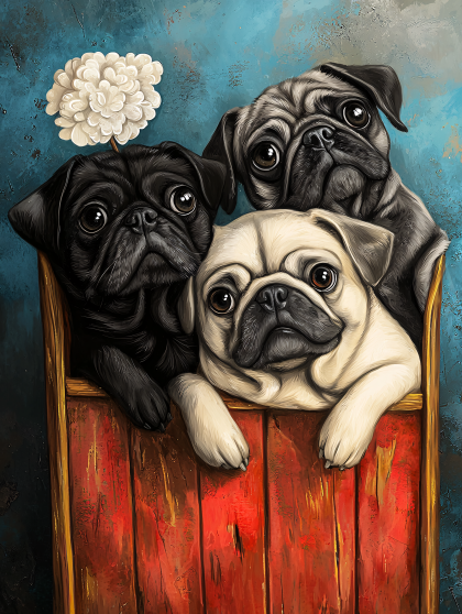 Pugs In A Wooden Box
