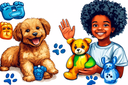 Puppy, Child, and Toys Illustration