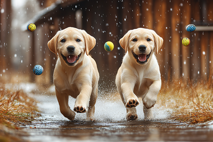 Adorable Labrador Puppies Running and Playing in the Rain