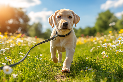 Labrador Puppy Walking in a Meadow of Flowers
