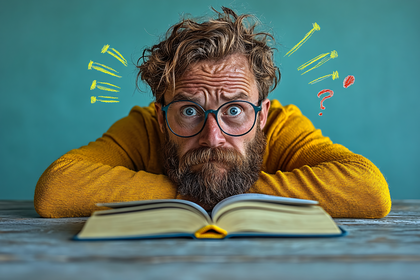 Puzzled Man Reading Book