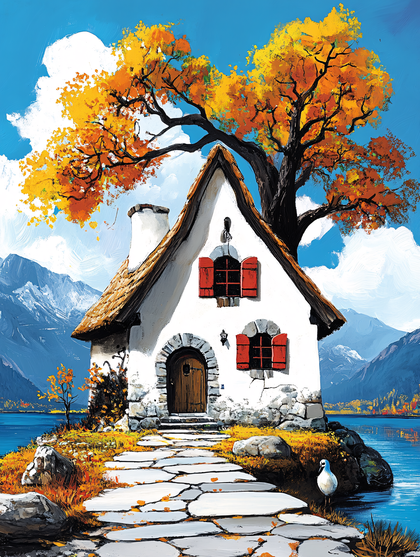 Quaint Cottage By Lake In Autumn