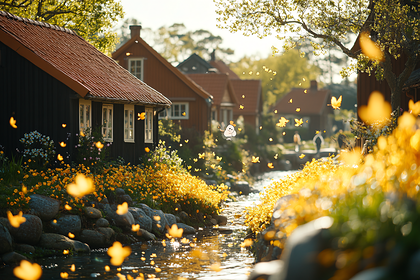Quaint Riverside Cottages in Autumn