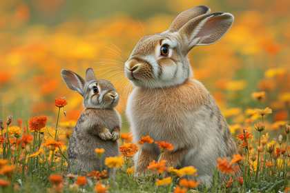 Rabbit Mother And Child In Flower Field