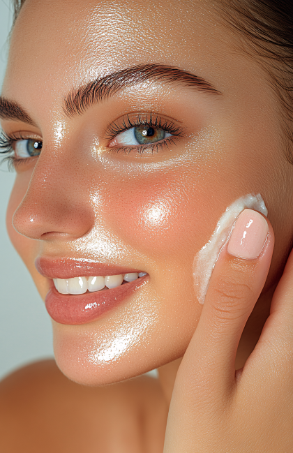 Radiant Woman Applying Cream on Face