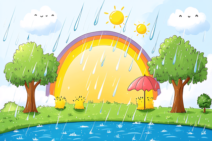 Rain And Rainbow Scene With Hedgehogs