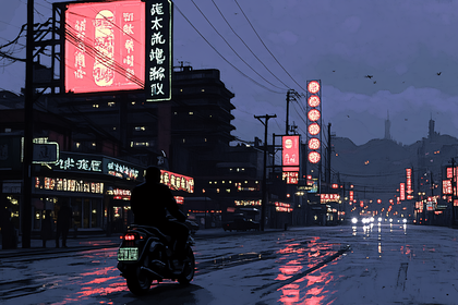 Rain-Slicked Asian Cityscape at Dusk