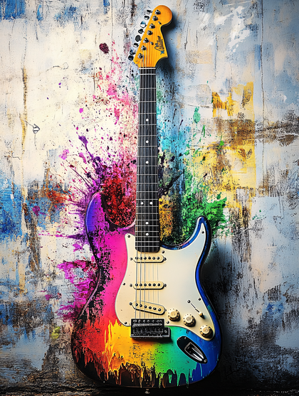 Rainbow Stratocaster Against Grunge Wall