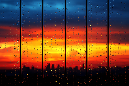 Raindrops on Window at Sunset