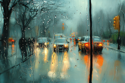 Rainy City Street View Through Wet Glass