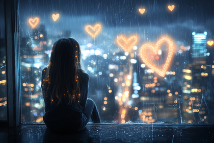 Rainy Cityscape with Hearts