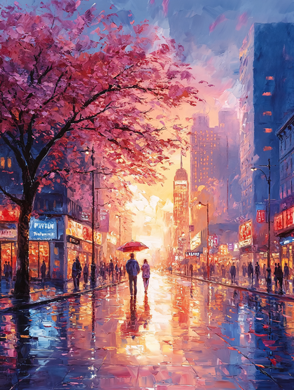 Rainy Evening Cityscape with Cherry Blossoms