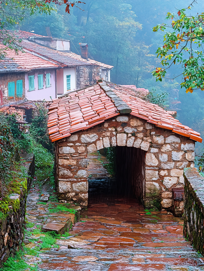 Rainy Stone Archway in Village