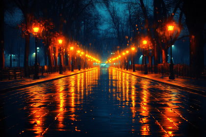 Rainy Street Lined with Lamps