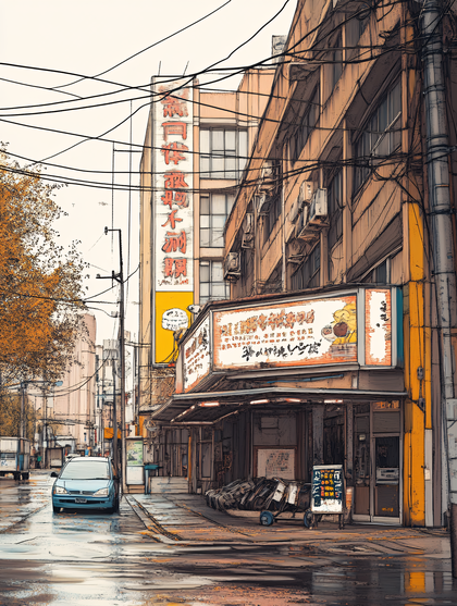 Rainy Street Scene With Asian Signage