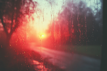 Rainy Window View at Sunset