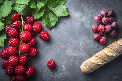 Raspberries Grapes And Baguette Still Life