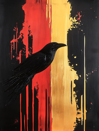 Abstract Painting of a Raven Against a Red and Gold Background