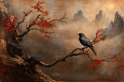 Raven Perched On Berried Branch