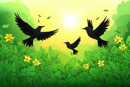 Ravens in Flight over Greenery
