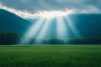 Rays of Sunlight Over Green Field