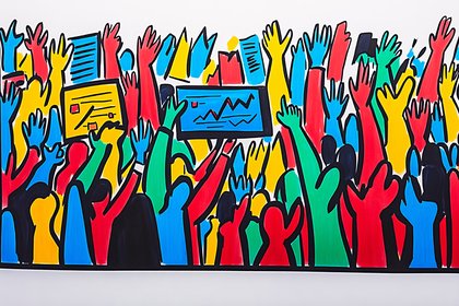 Reaching Hands and Financial Data Display