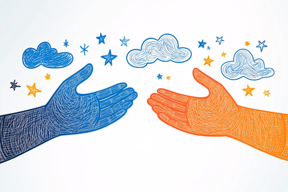 Reaching Hands with Clouds and Stars