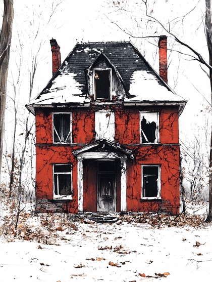 Red Abandoned House In Winter
