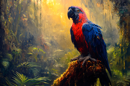 Red And Blue Parrot Perched On A Branch In Jungle