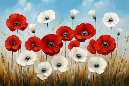 Red and White Poppies in Field