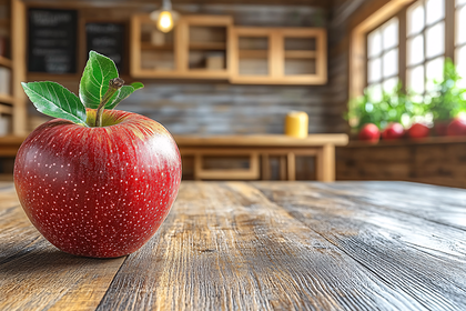 Red Apple on Wooden Table
