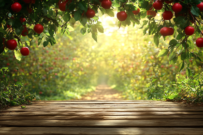 Red Apples On Tree Branch With Wooden Table In Orchard
