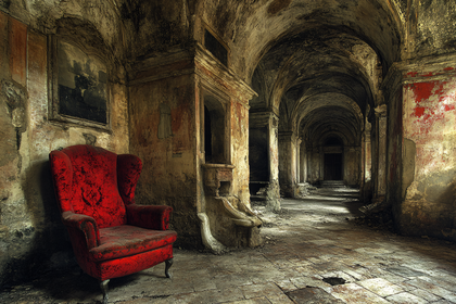 Red Armchair in Abandoned Hallway