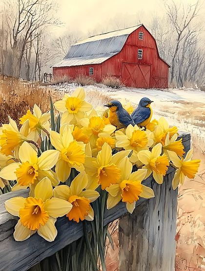 Red Barn Daffodils And Bluebirds