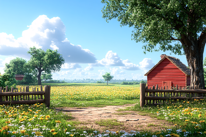 Red Barn in Flower Field