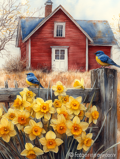 Red Barn With Bluebirds And Daffodils