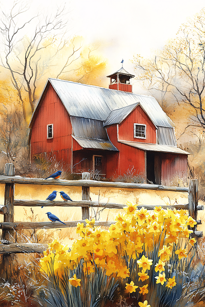 Red Barn With Bluebirds And Daffodils