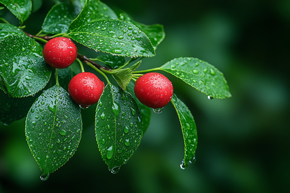 Red Berries and Green Leaves with Water Droplets