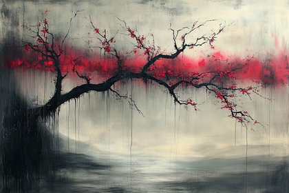 Red Blossom Branch on Grey Canvas