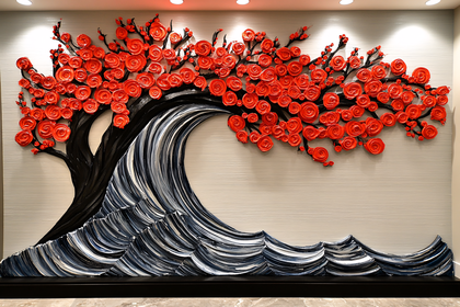Red Blossom Tree and Blue Waves