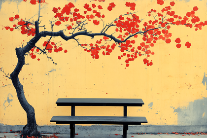 Red Blossoms And Bench