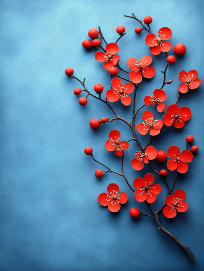 Red Blossoms On Blue Background