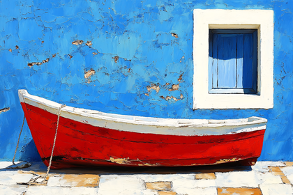 Red Boat Against Blue Wall
