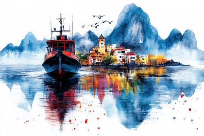 Red Boat at Harbor Watercolor