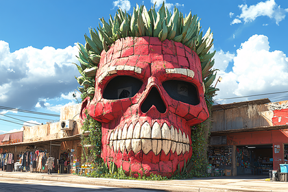 Red Brick Skull with Green Plants