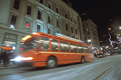 Red Bus in Motion on Snowy City Street at Night