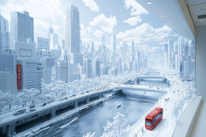 Red Bus In White Cityscape