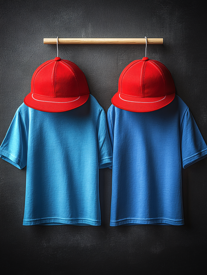 Red Caps Blue Shirts Hanging