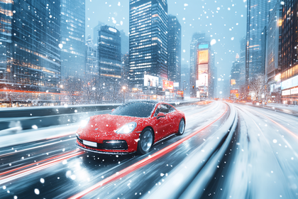 Red Car Drifting Through Snowy City
